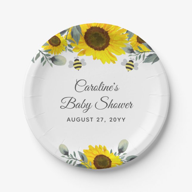 Cute Bees & Sunflowers Eucalyptus Baby Shower Paper Plates (Front)
