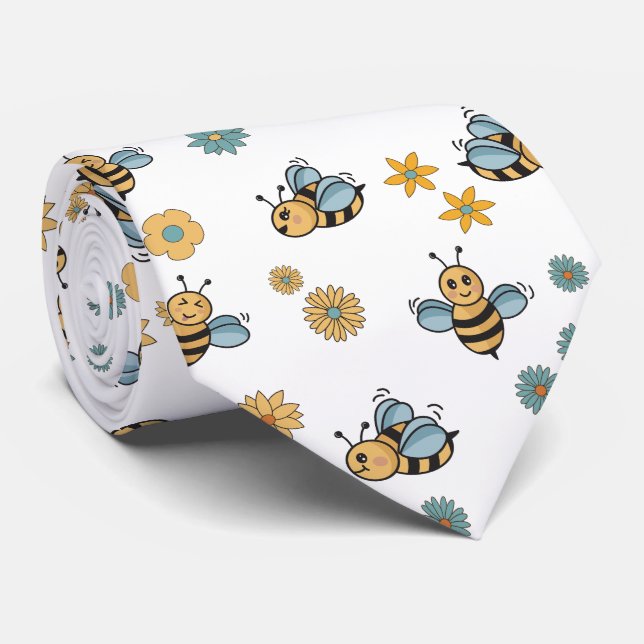 Cute Bees Wildflowers & Floral Neck Tie (Rolled)