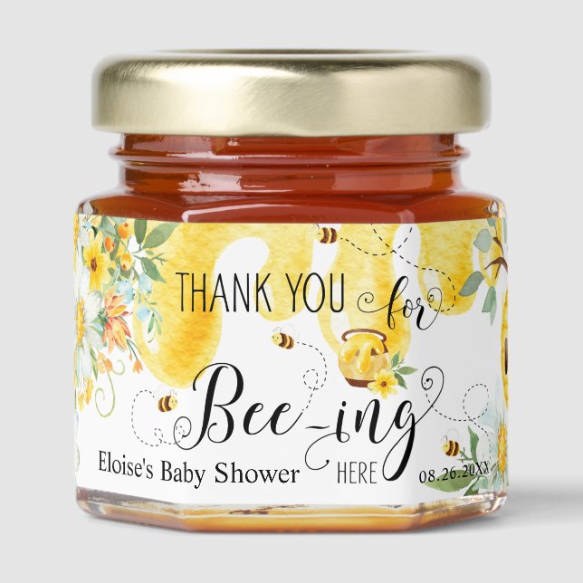 Cute Bees Yellow Floral Wedding Bridal Baby Shower Honey Jar Favors (Front)