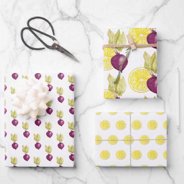 Cute Beets and Lemon Watercolor Pattern Wrapping Paper Sheets (Front)