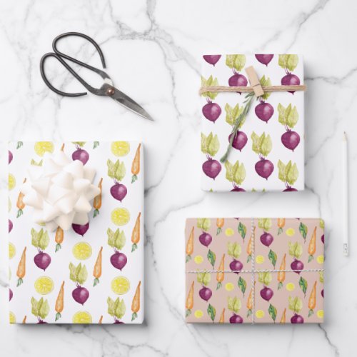 Cute Beets Lemon and Carrots Watercolor Pattern Wrapping Paper Sheets