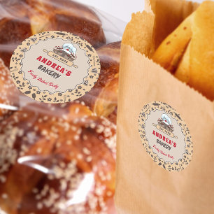 Cute Beige and Brown Custom Bakery Logo Packaging  Classic Round Sticker