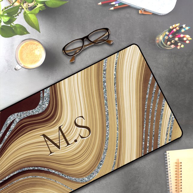 Cute beige brown marble art Glitter monogram Desk Mat (Creator Uploaded)