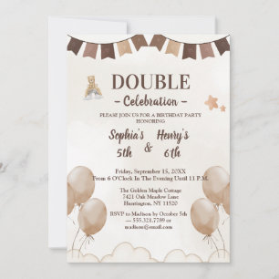Cute Beige & Brown Watercolor Kids Joint Birthday Invitation