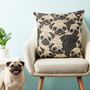 Cute beige cartoon pug dog seamless pattern throw pillow