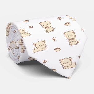 Cute Beige Cat Pattern (2) Neck Tie