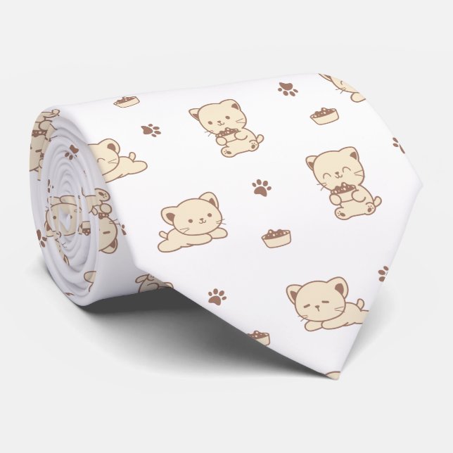 Cute Beige Cat Pattern (2) Neck Tie (Rolled)