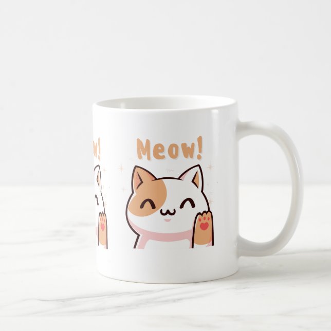 Cute Beige Cat with Meow Text Illustration Mugs (Right)