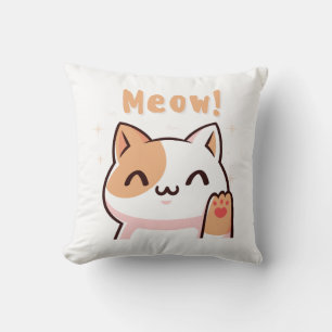 Cute Beige Cat with Meow Text Illustration PILLOWS