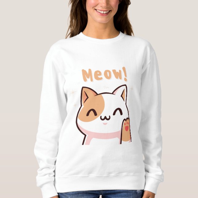 Cute Beige Cat with Meow Text Illustration Sweatshirt (Front)