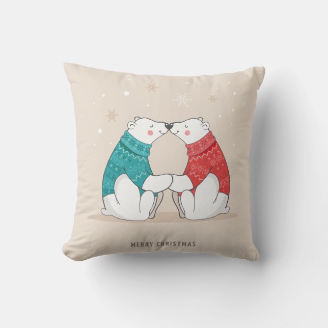 Cute Beige Christmas Polar Bears Throw Pillow (Front)