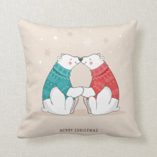 Cute Beige Christmas Polar Bears Throw Pillow