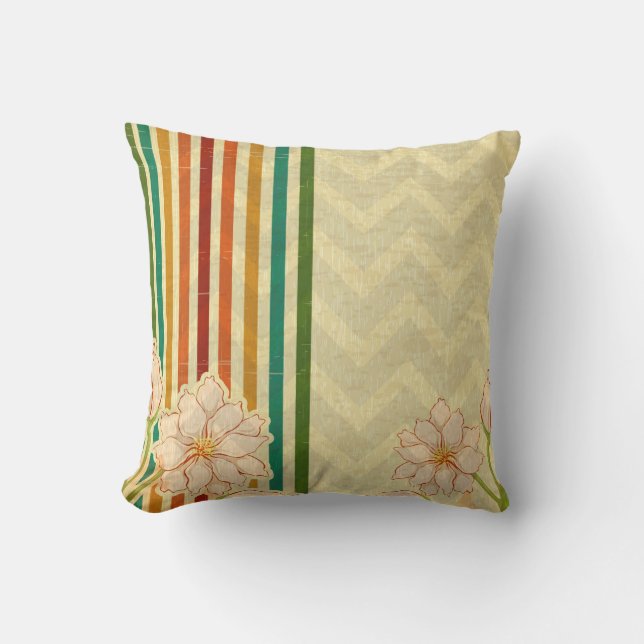 Cute Beige Flowers And Colorful Stripes Throw Pillow (Front)