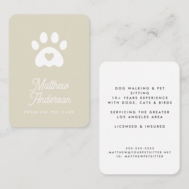 Cute Beige Heart Paw Print Pet Sitter Dog Walker Business Card (Front/Back)
