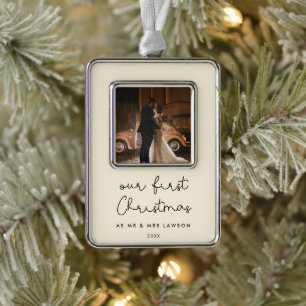 Cute Beige Our First Christmas Photo Ornament