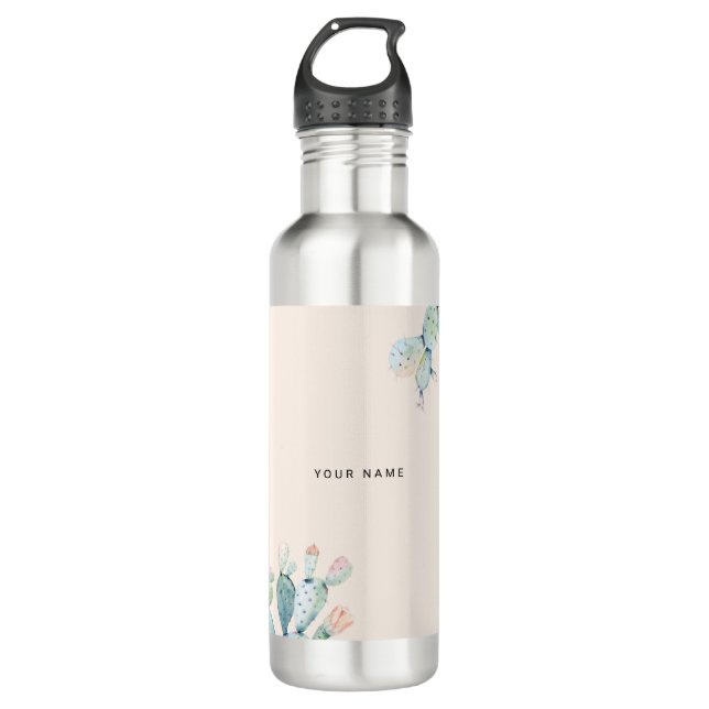 Cute Beige Prickly Pears Plant Lovers Custom Name Stainless Steel Water Bottle (Front)