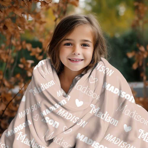 Cute beige repeating name personalized girly fleece blanket