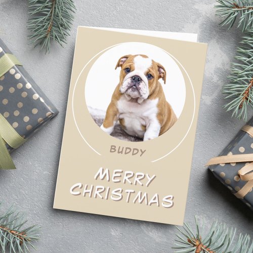 Cute Beige Round Dog Pet Photo Merry Christmas Holiday Card