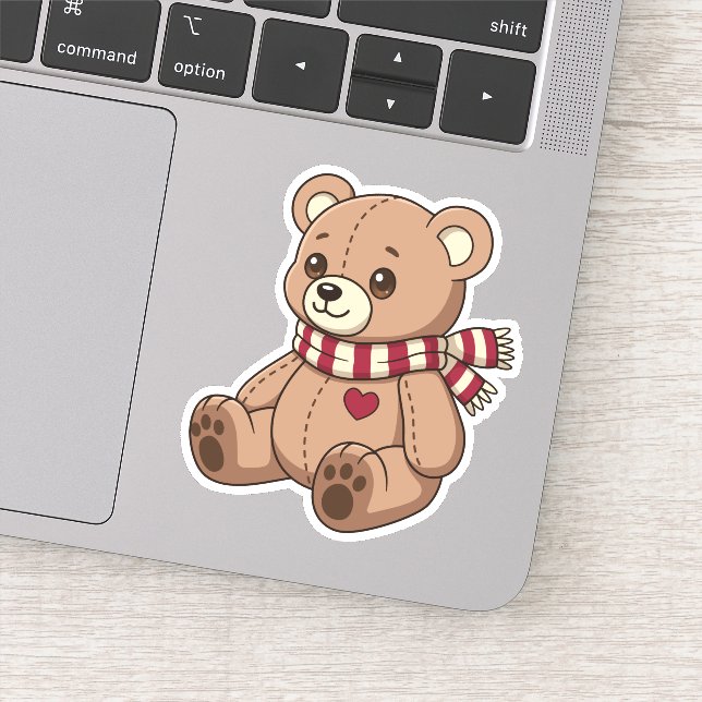 Cute Beige Teddy Bear with Striped Scarf Sticker (Detail)