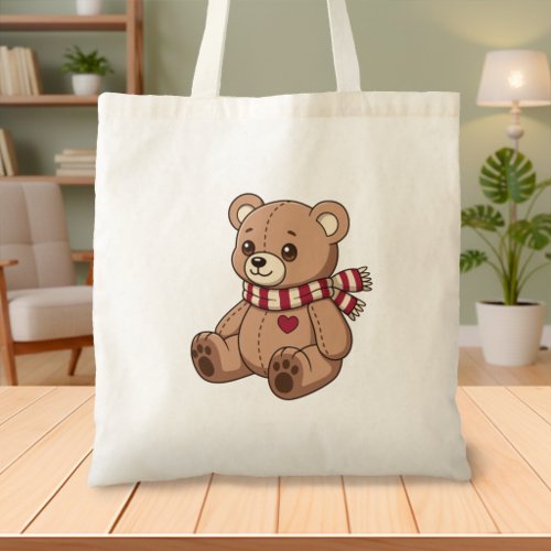 Cute Beige Teddy Bear with Striped Scarf Tote Bag