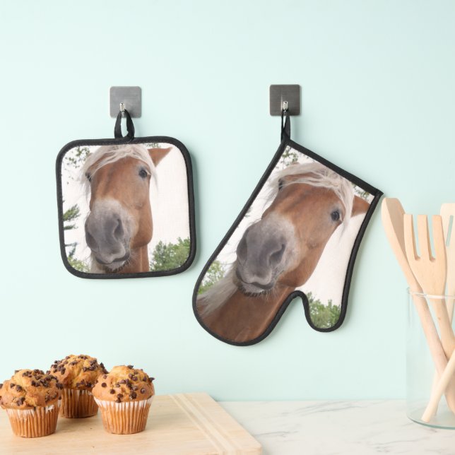Cute Belgian Draft Horse Face  Oven Mitt & Pot Holder Set (Insitu(Hanging))