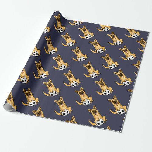 Cute Belgian Malinois Dog Playing Soccer Cartoon Wrapping Paper