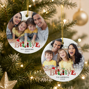 Cute BELIEVE Christmas Spirit Typography 2 Photo O Ceramic Ornament