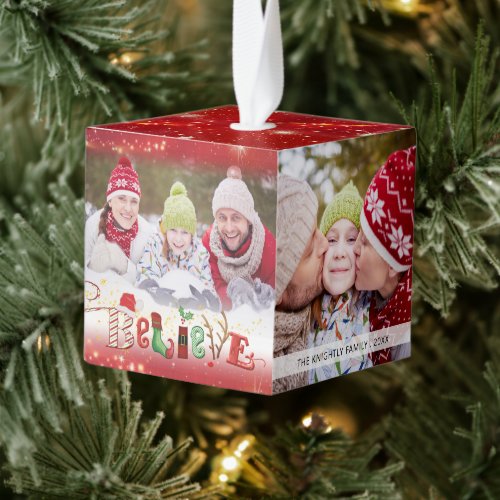 Cute BELIEVE Christmas Spirit Typography 4 Photo Cube Ornament