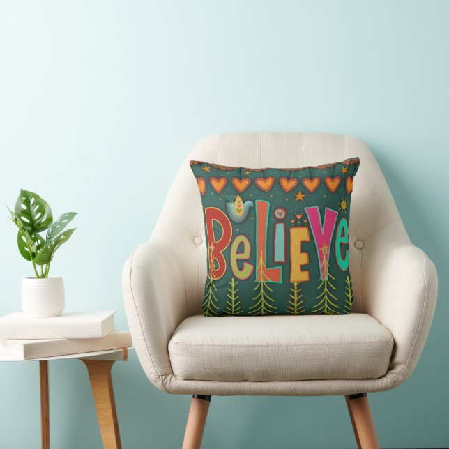 Cute Believe Folk Art Inspirivity Throw Pillow (Chair)