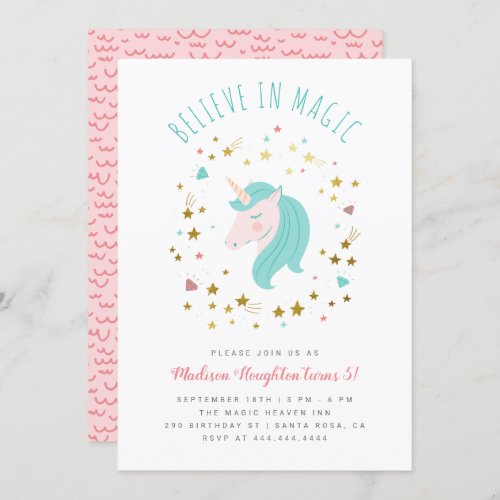 Cute Believe in Magic Gold Stars Unicorn Birthday Invitation