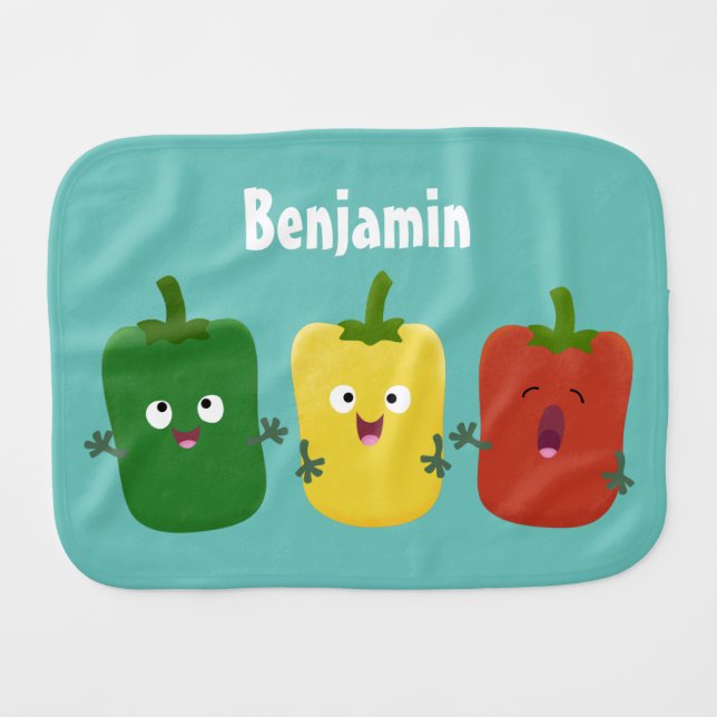 Cute bell pepper capsicum trio singing cartoon baby burp cloth (Front Horizontal)