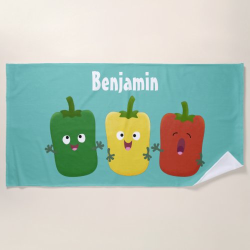 Cute bell pepper capsicum trio singing cartoon  beach towel