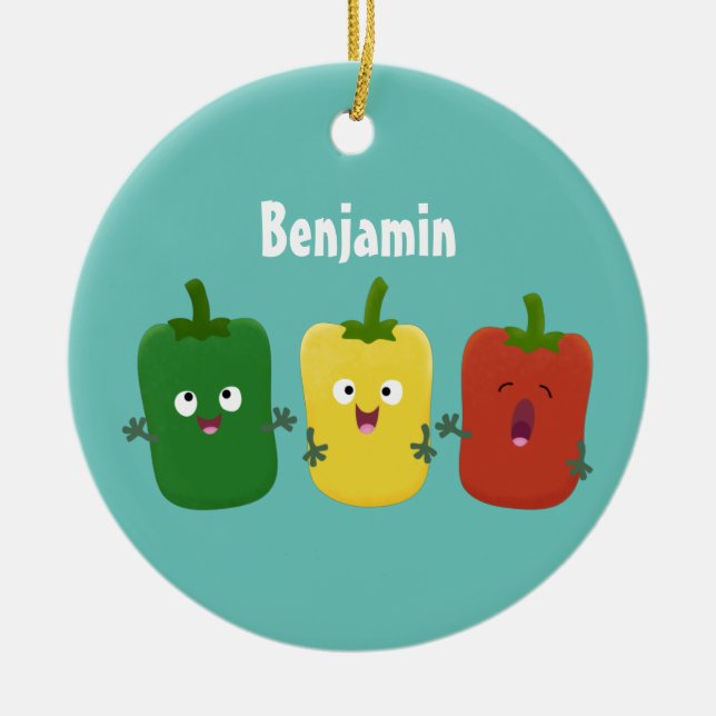 Cute bell pepper capsicum trio singing cartoon ceramic ornament (Front)