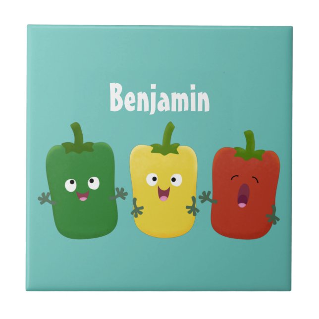 Cute bell pepper capsicum trio singing cartoon  ceramic tile (Front)