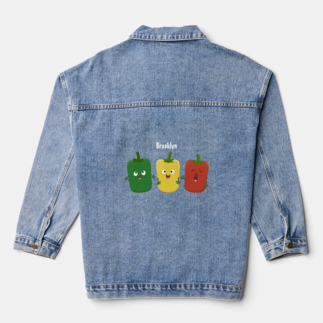 Cute bell pepper capsicum trio singing cartoon denim jacket (Back)