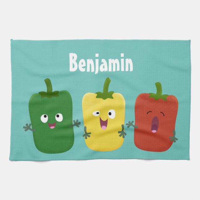 Cute bell pepper capsicum trio singing cartoon kitchen towel (Horizontal)