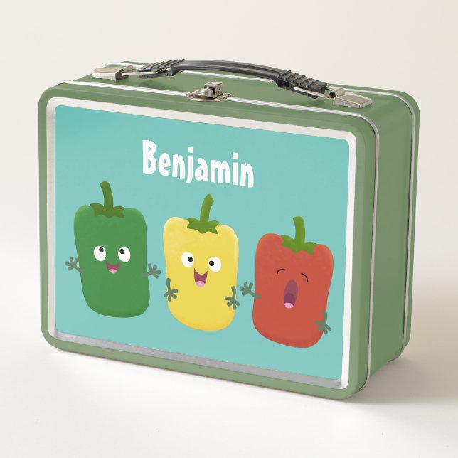 Cute bell pepper capsicum trio singing cartoon  metal lunch box (Front)