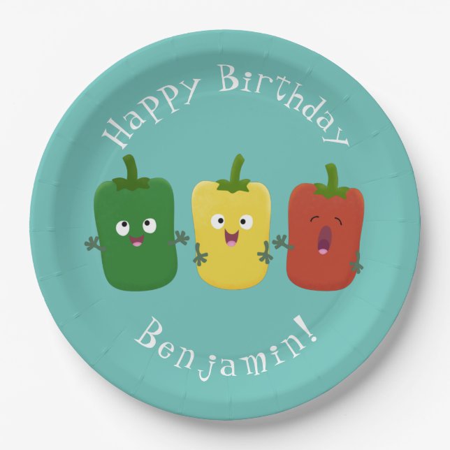 Cute bell pepper capsicum trio singing cartoon  paper plates (Front)