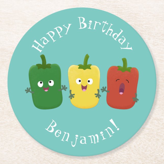 Cute bell pepper capsicum trio singing cartoon round paper coaster (Front)
