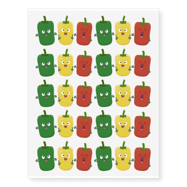 Cute bell pepper capsicum trio singing cartoon temporary tattoos (Front)