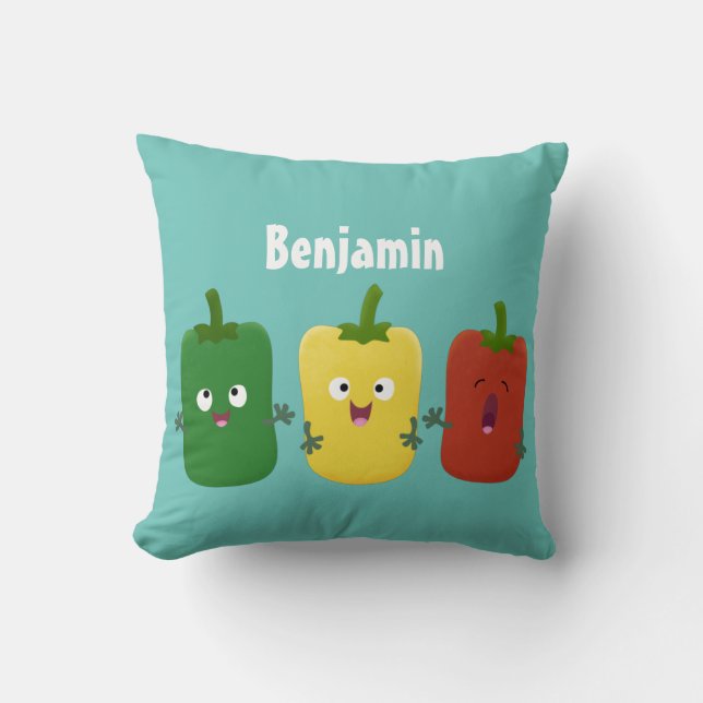 Cute bell pepper capsicum trio singing cartoon throw pillow (Front)