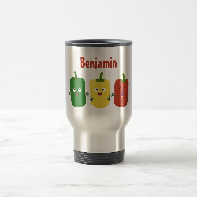 Cute bell pepper capsicum trio singing cartoon  travel mug (Center)