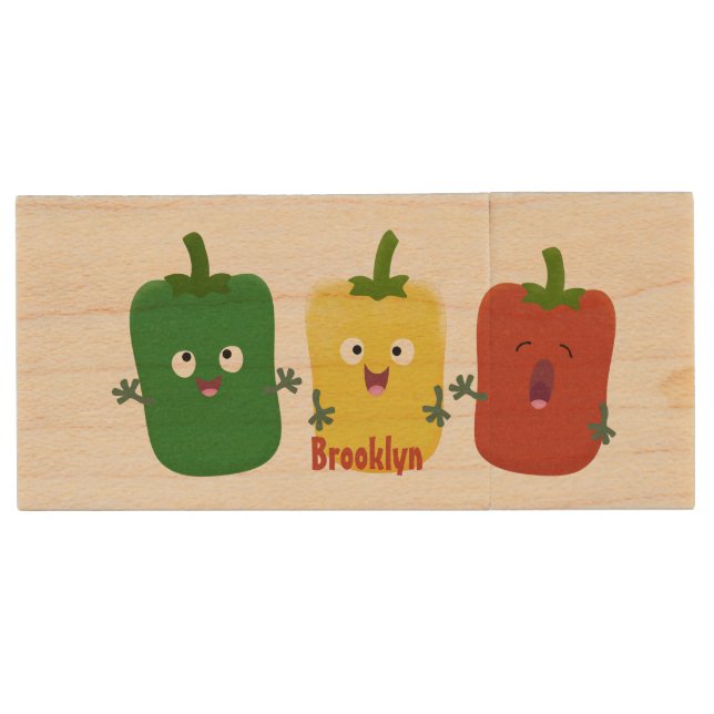 Cute bell pepper capsicum trio singing cartoon  wood flash drive (Front)