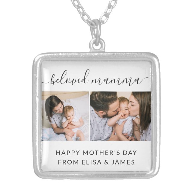 Cute Beloved Mamma Mom Mothers Day Photo Collage Silver Plated Necklace (Front)
