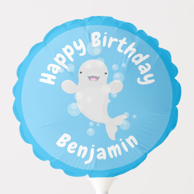 Cute beluga whale birthday cartoon personalized balloon (Front)