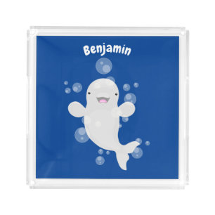 Cute beluga whale bubbles cartoon illustration acrylic tray