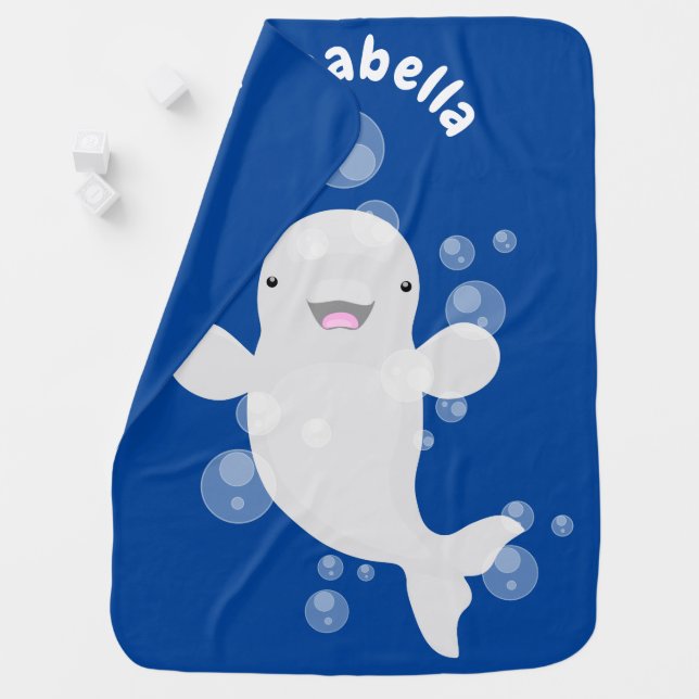 Cute beluga whale bubbles cartoon illustration baby blanket (In Situ)