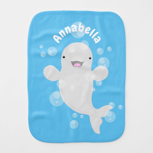 Cute beluga whale bubbles cartoon illustration baby burp cloth (Front)