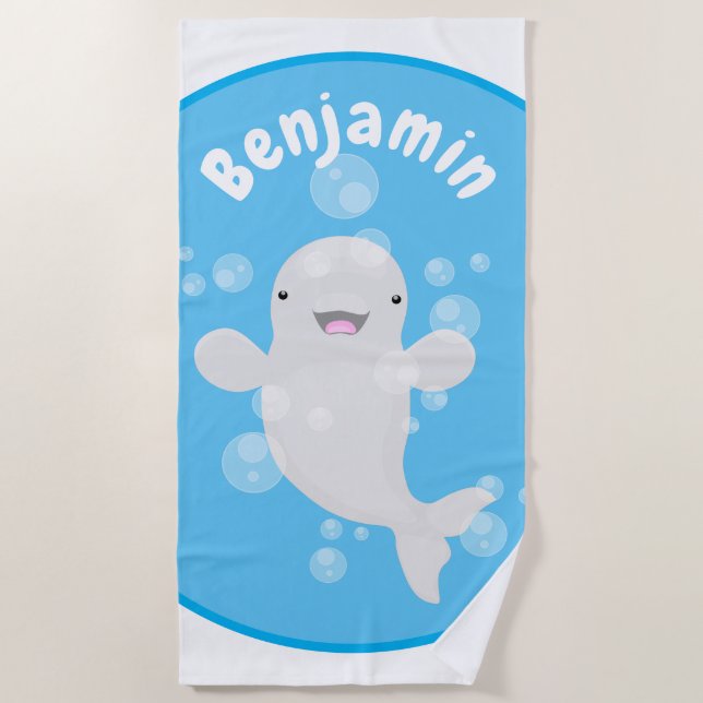 Cute beluga whale bubbles cartoon illustration beach towel (Front)