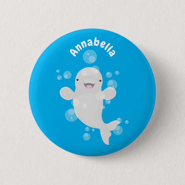 Cute beluga whale bubbles cartoon illustration button (Front)